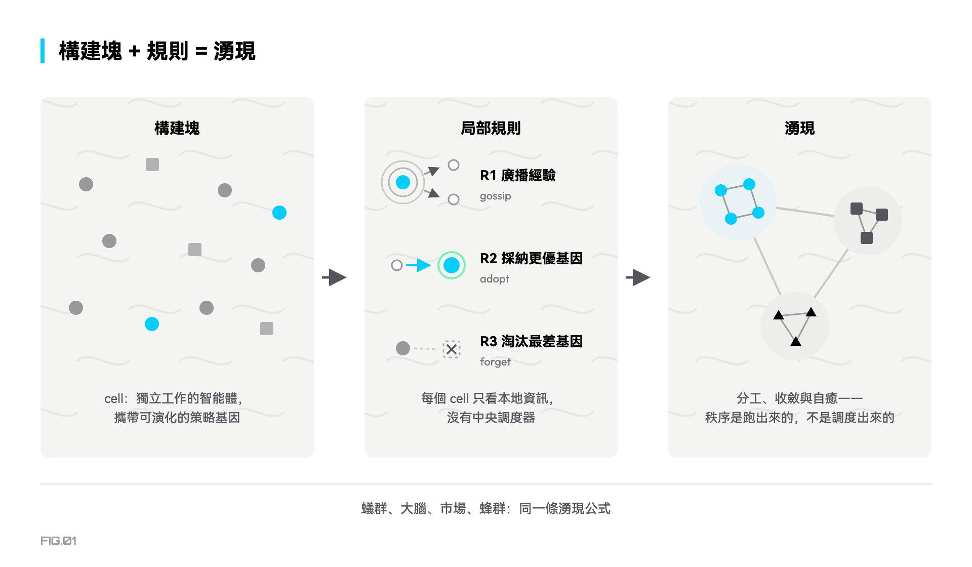 圖 1 · 構建塊 + 規則 = 湧現
